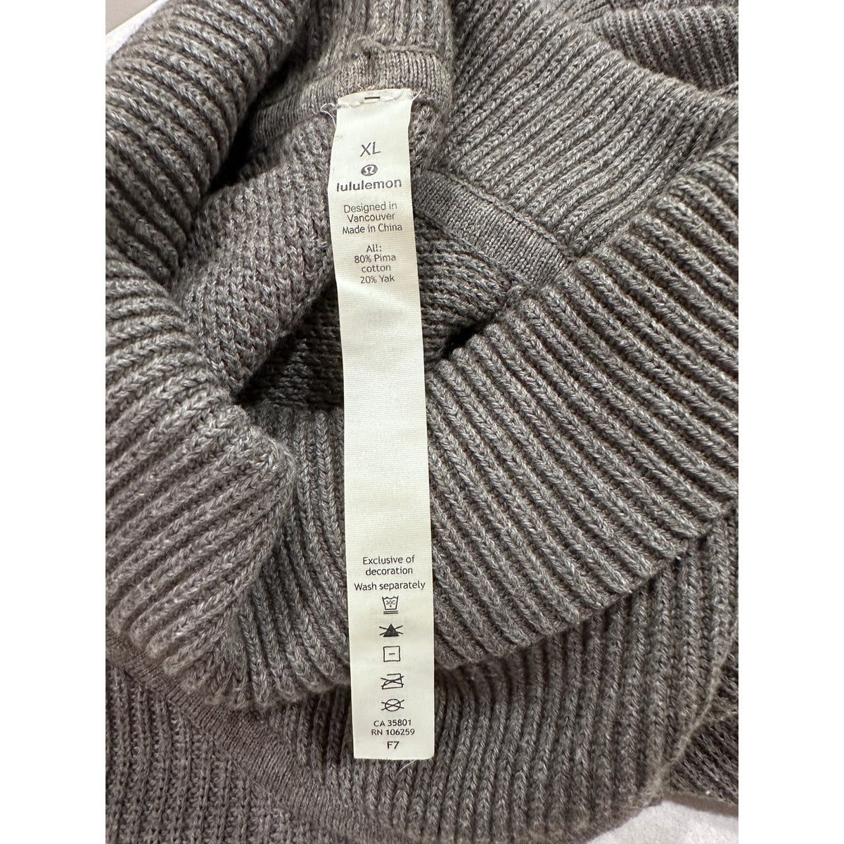 lululemon Pima Cotton Yak Ribbed Turtleneck Sweater Heather Gray XL