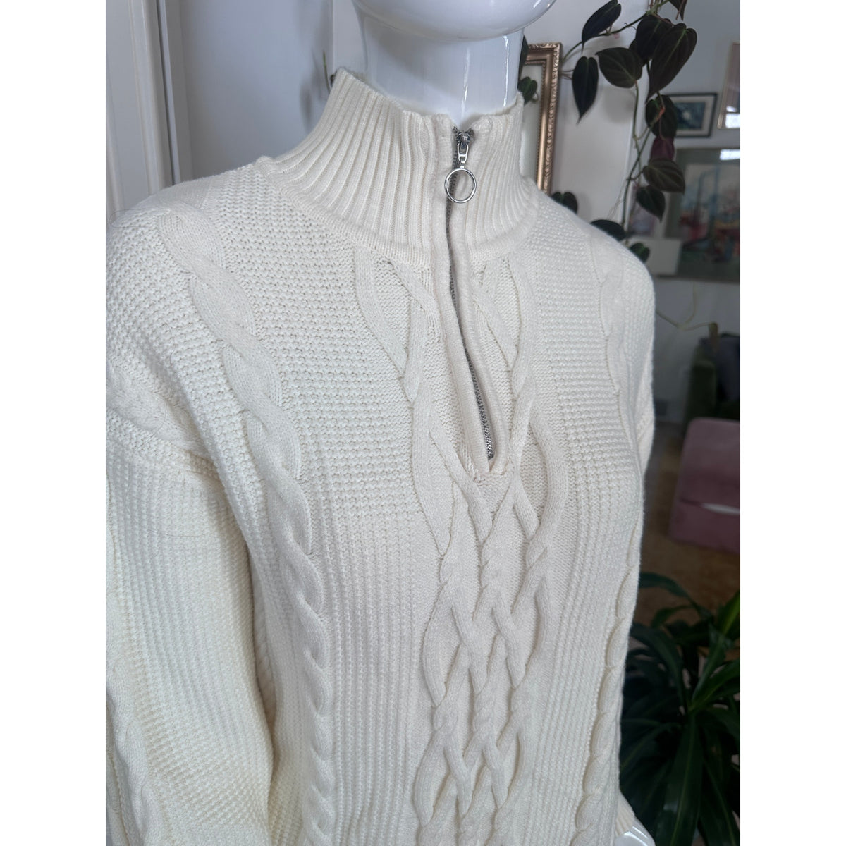 Room 34 Cable Knit Quarter-Zip Sweater Dress - Cream