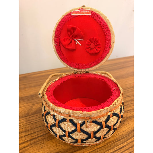 Vintage Chinese Woven Straw Sewing Basket | Red Lined | 1960s–70s