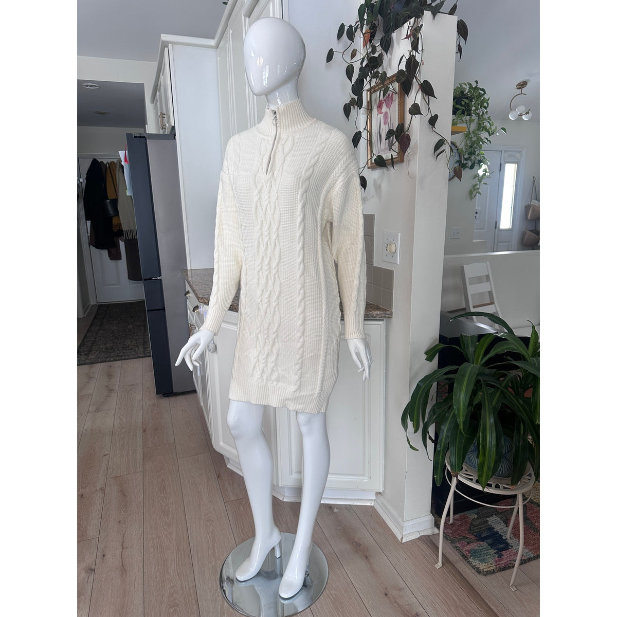 Room 34 Cable Knit Quarter-Zip Sweater Dress - Cream