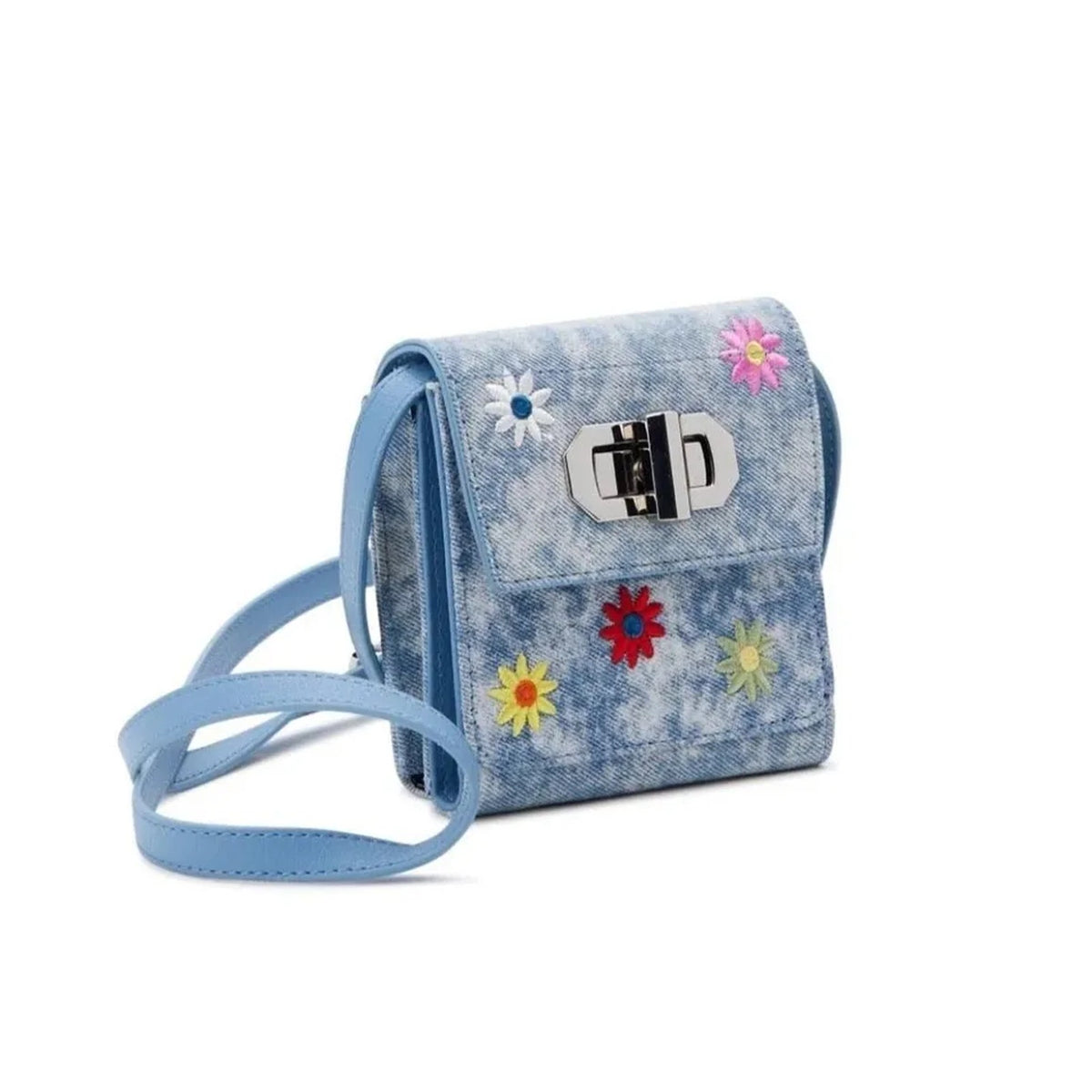 Y2K Acid Wash Denim Wallet Purse - Floral Embroidery