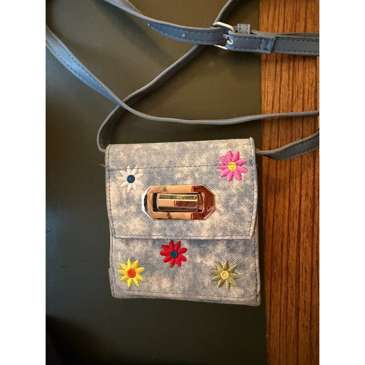 Y2K Acid Wash Denim Wallet Purse - Floral Embroidery