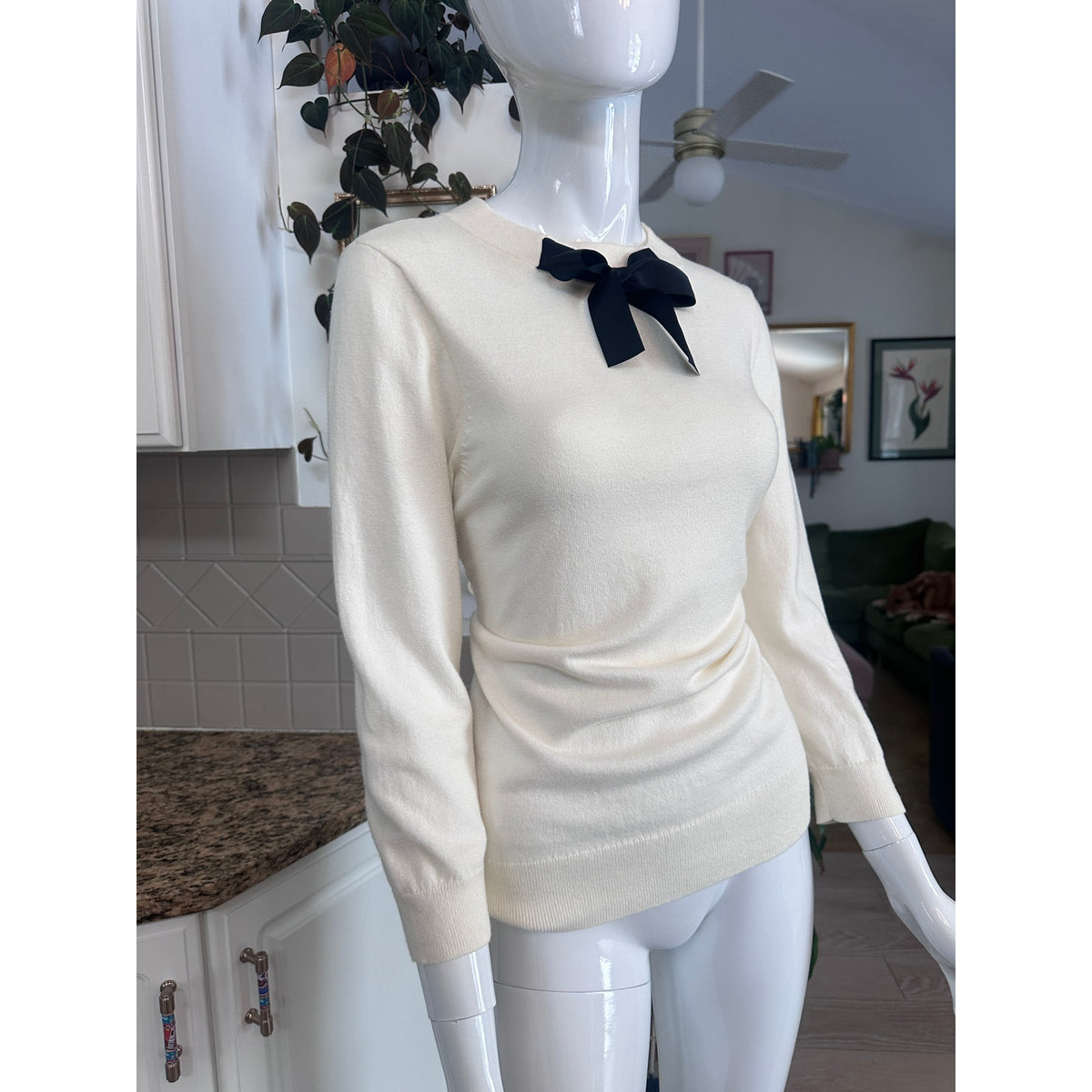 J.Crew Mercantile Cream Black Bow Neck Long Sleeve Sweater