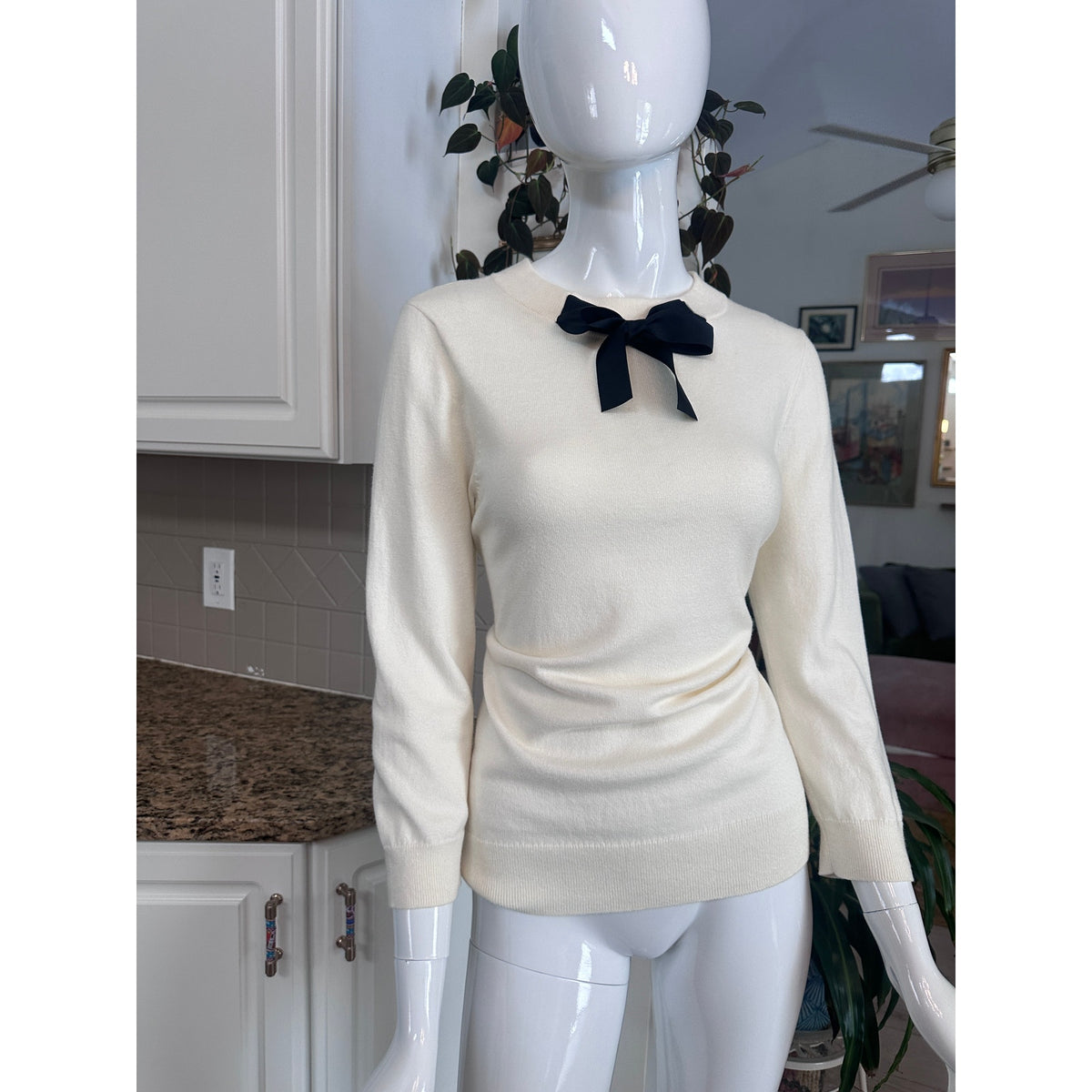 J.Crew Mercantile Cream Black Bow Neck Long Sleeve Sweater