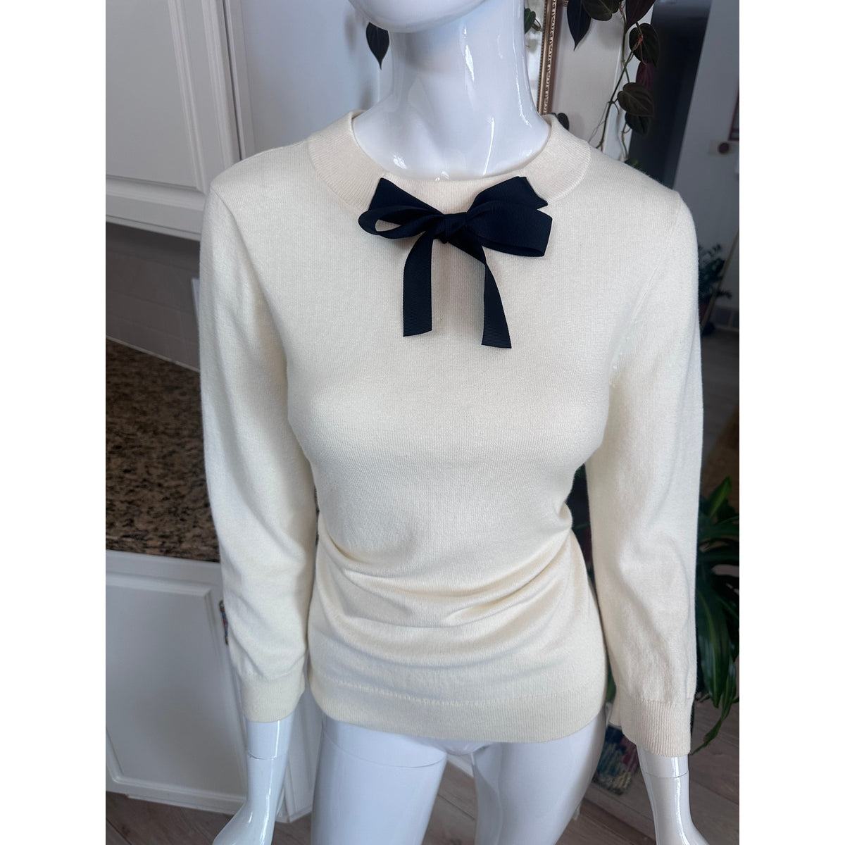 J.Crew Mercantile Cream Black Bow Neck Long Sleeve Sweater
