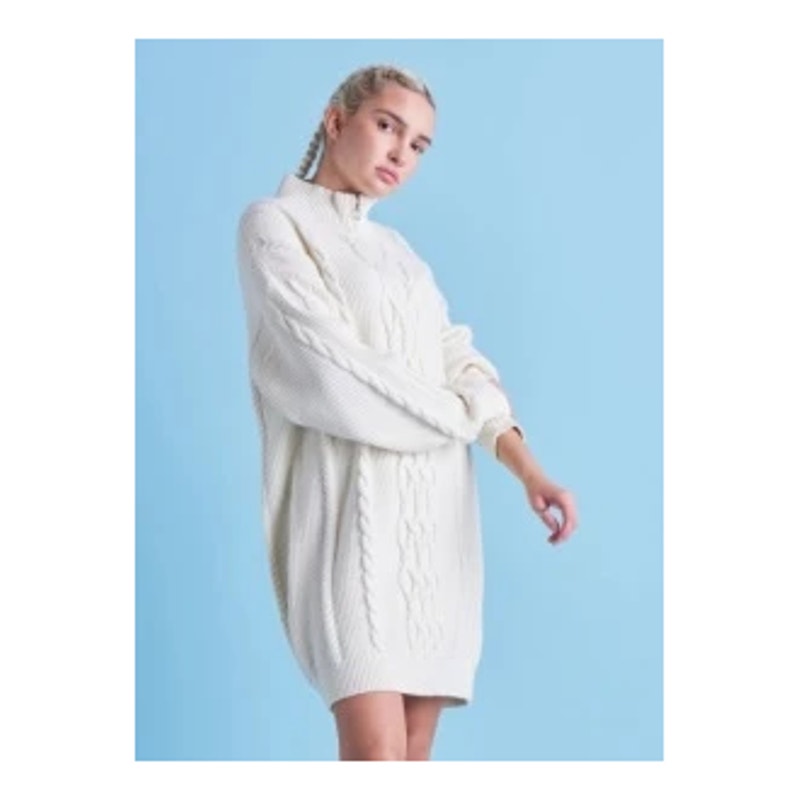 Room 34 Cable Knit Quarter-Zip Sweater Dress - Cream