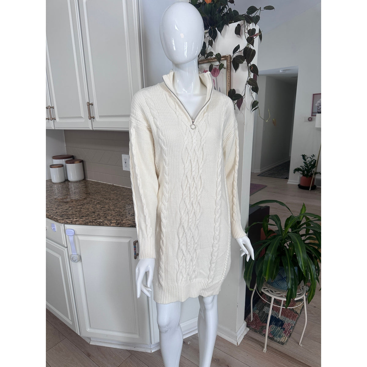 Room 34 Cable Knit Quarter-Zip Sweater Dress - Cream