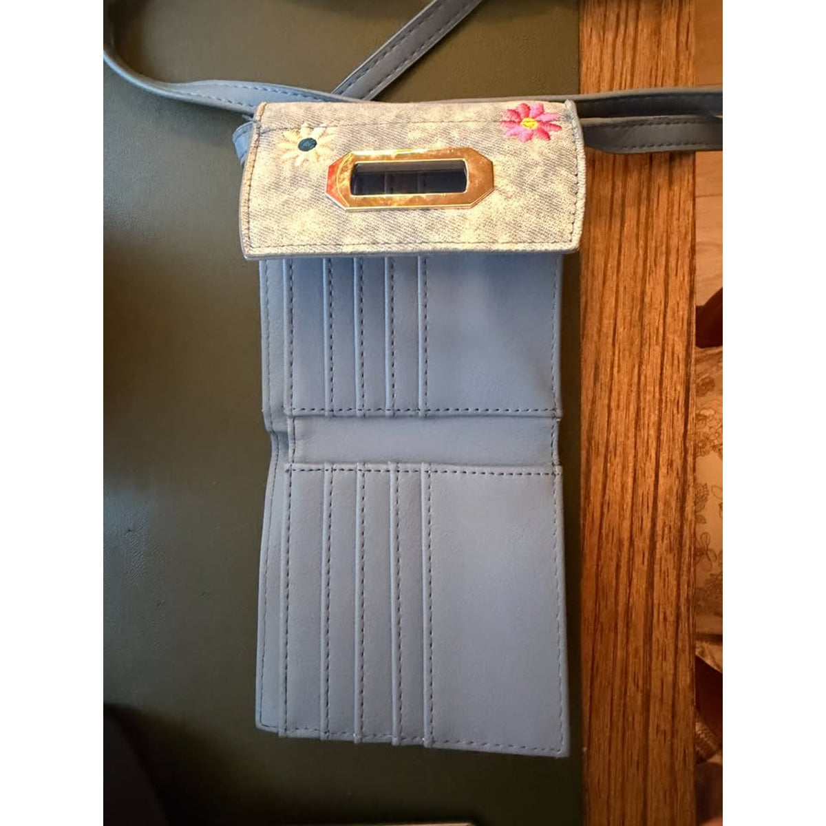 Y2K Acid Wash Denim Wallet Purse - Floral Embroidery